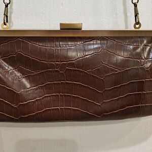 Bandolino Vintage Dark Brown Croc Embossed Clutch with Antique Gold Trim